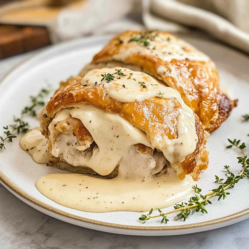 Chicken Wellington with a creamy Dijon sauce, beautifully plated for an elegant meal.