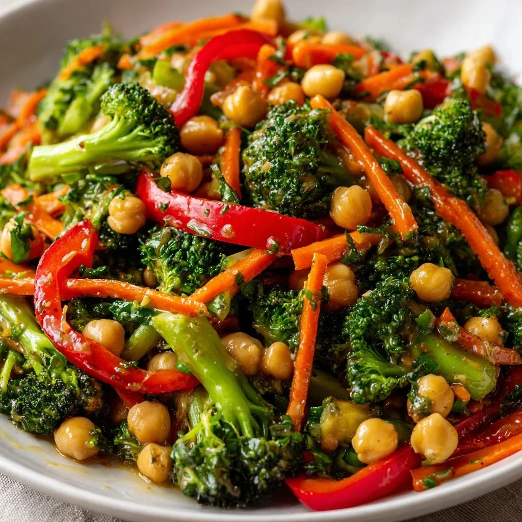 Chickpea Broccoli Stir Fry with Garlic Sauce served in a colorful bowl