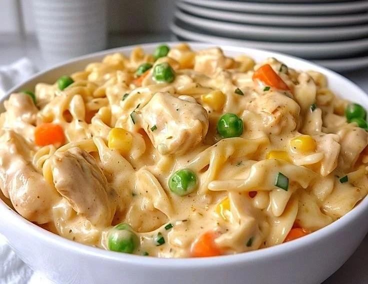 Delicious classic Chicken Pot Pie Pasta served in a warm bowl.