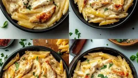 Delicious Crac Chicken Penne served in a creamy sauce with fresh ingredients