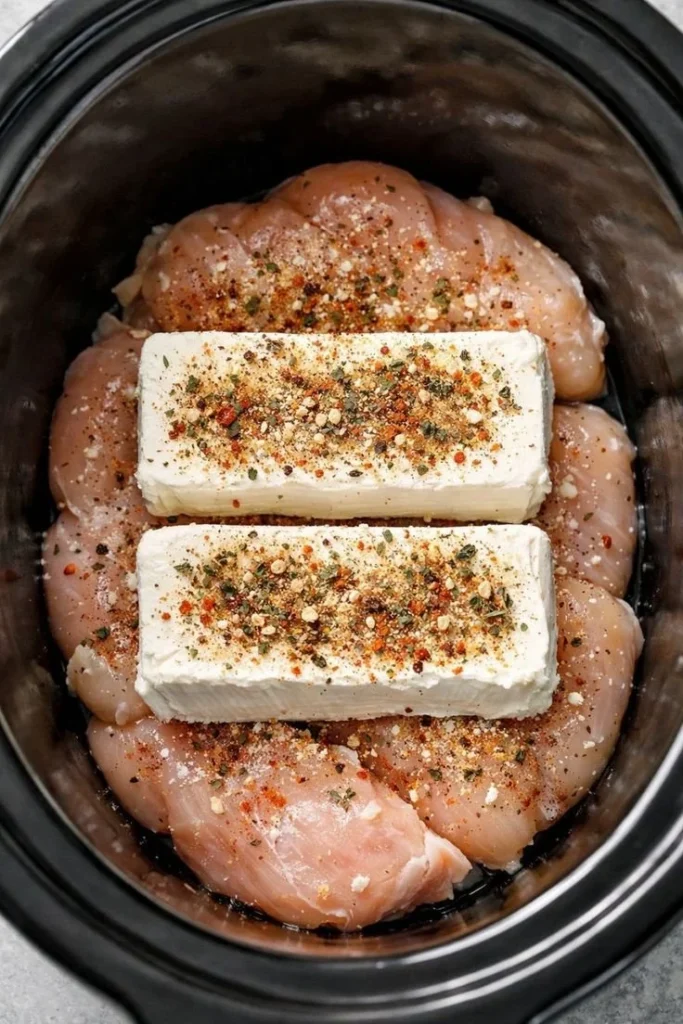 Cream cheese chicken served on a plate with herbs and spices.