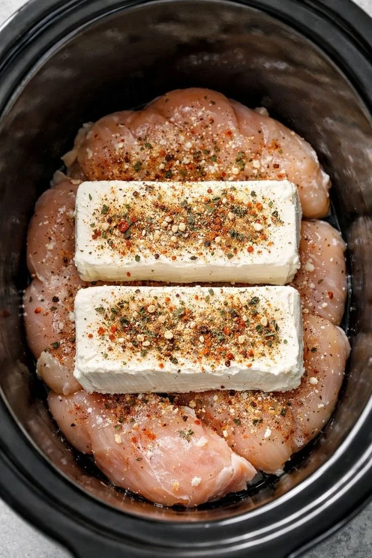 Cream cheese chicken served on a plate with herbs and spices.