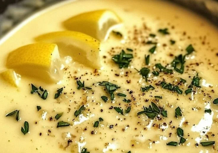 Creamy garlic lemon butter sauce in a bowl with fresh herbs.