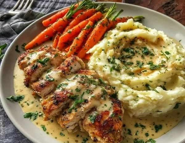 Creamy herb chicken dish with mashed potatoes and glazed carrots on a plate