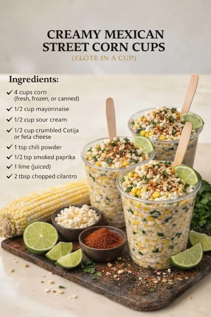 Creamy Mexican street corn cups garnished with spices and cheese.