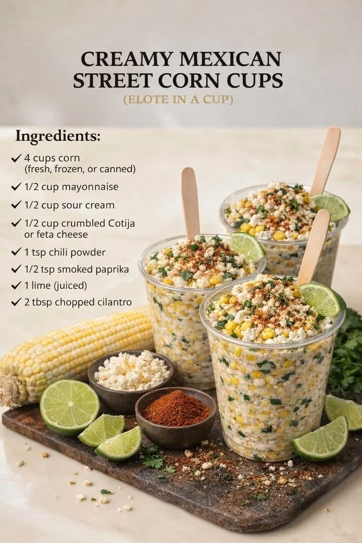 Creamy Mexican street corn cups garnished with spices and cheese.