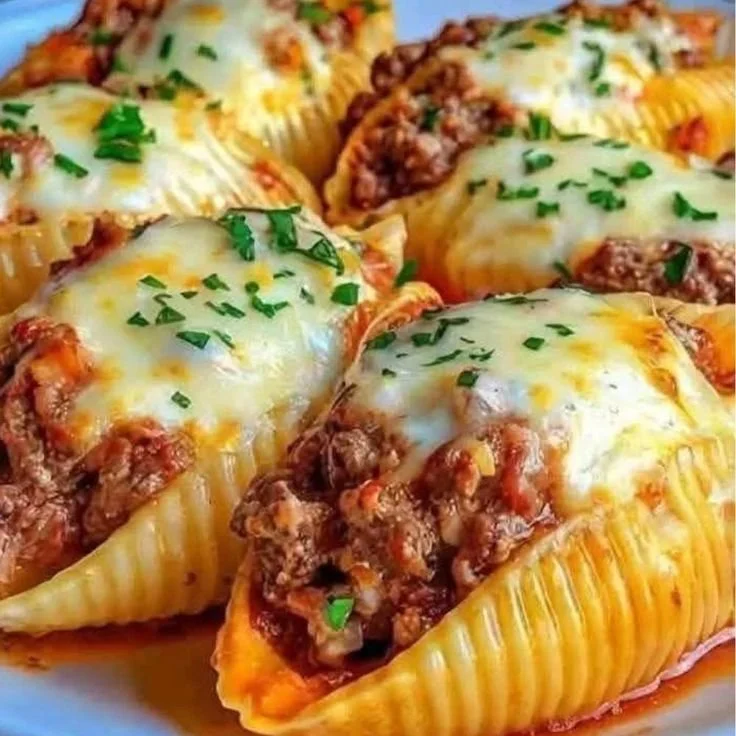 Creamy ricotta beef stuffed shells topped with marinara sauce and herbs