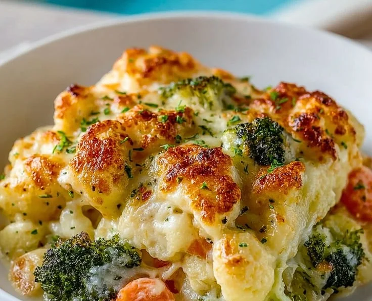 Creamy winter vegetable casserole loaded with seasonal vegetables and cheese