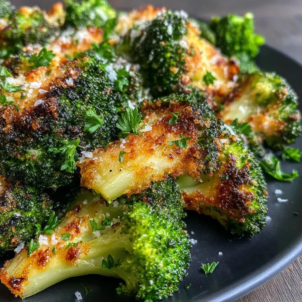 Crispy garlic parmesan broccoli served on a white plate