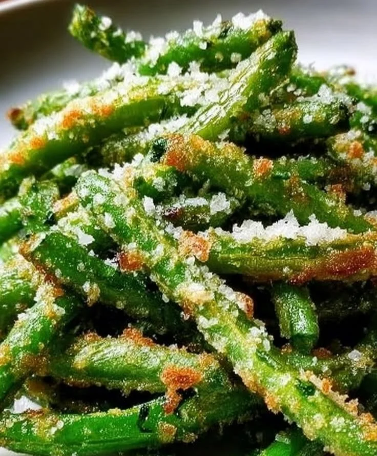 Crispy garlic parmesan green beans on a plate garnished with herbs