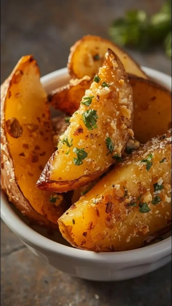 Crispy garlic parmesan potato wedges served on a plate