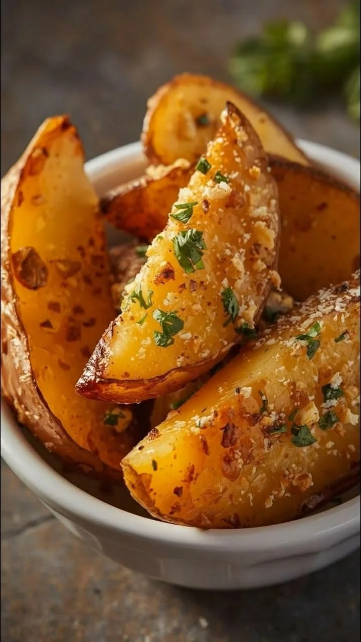 Crispy garlic parmesan potato wedges served on a plate