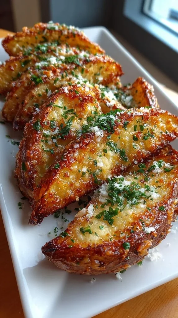 Crispy garlic parmesan potato wedges served on a plate