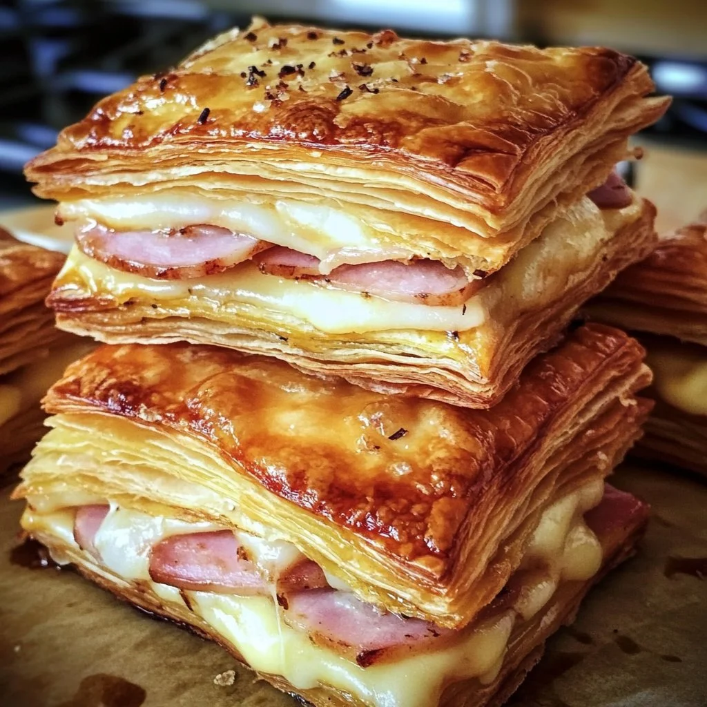 Delicious crispy ham and cheese puff pastry stacks on a plate.