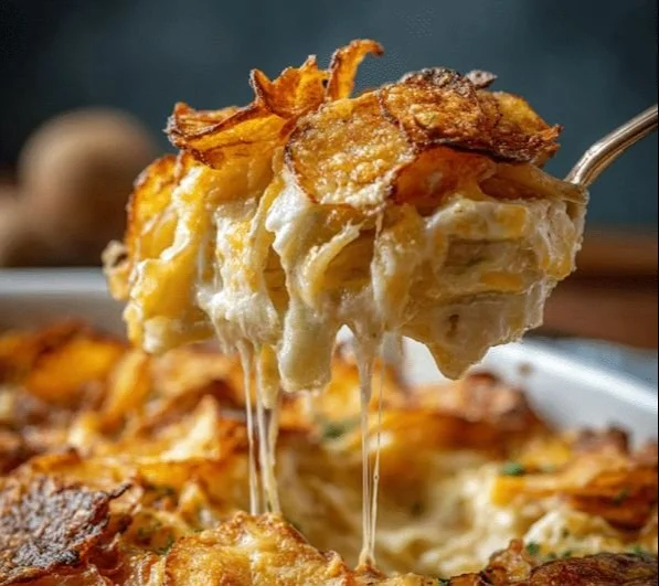 Crispy Hot Chicken Salad Casserole served in a baking dish