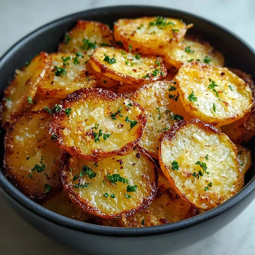 Crispy oven-baked sliced potatoes recipe served on a plate