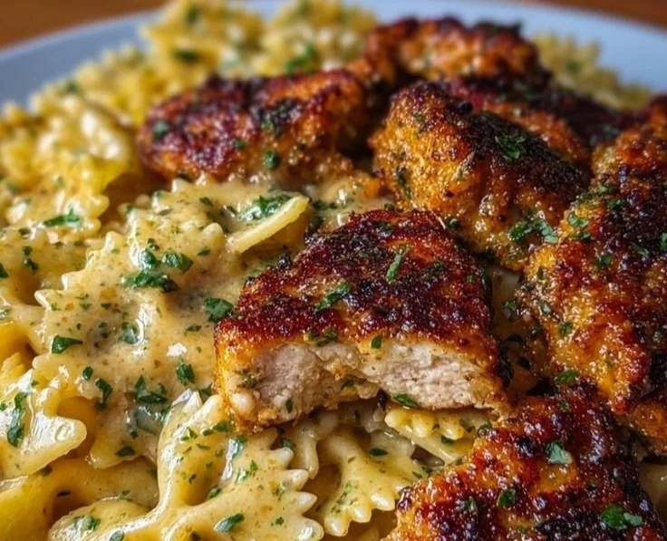 Delicious garlic butter chicken served with bowtie pasta in a creamy sauce