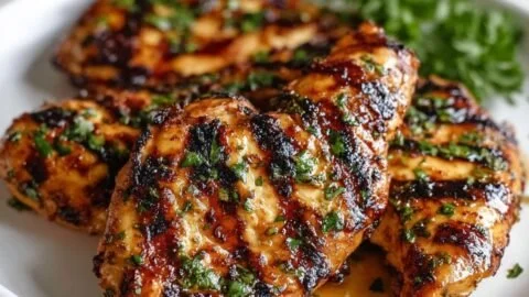 Juicy easy grilled chicken on a platter with herbs and spices