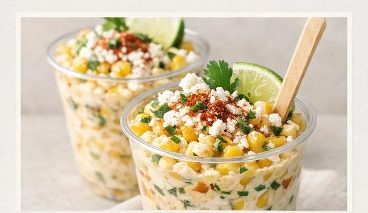 Delicious elote cups topped with cheese, chili powder, and lime