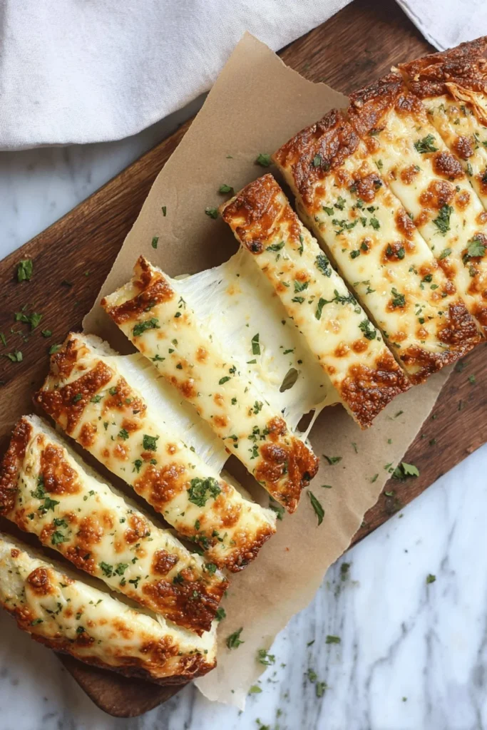 Delicious extra cheesy garlic bread with melted cheese and herbs