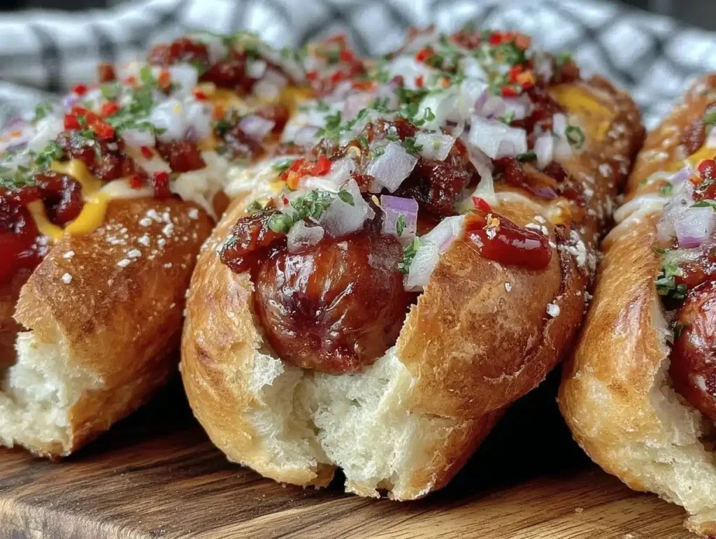 Flavorful firecracker hot dogs topped with spicy condiments on a grill