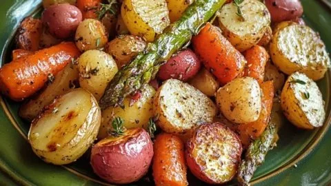 Colorful roasted spring vegetables ready for an Easter celebration.