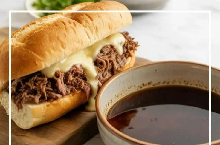 Delicious slow cooker French Dip Sandwich with tender beef and dipping broth.