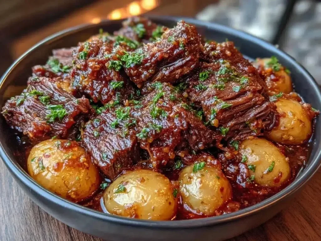 Delicious Garlic Butter Beef with Potatoes cooked in a slow cooker