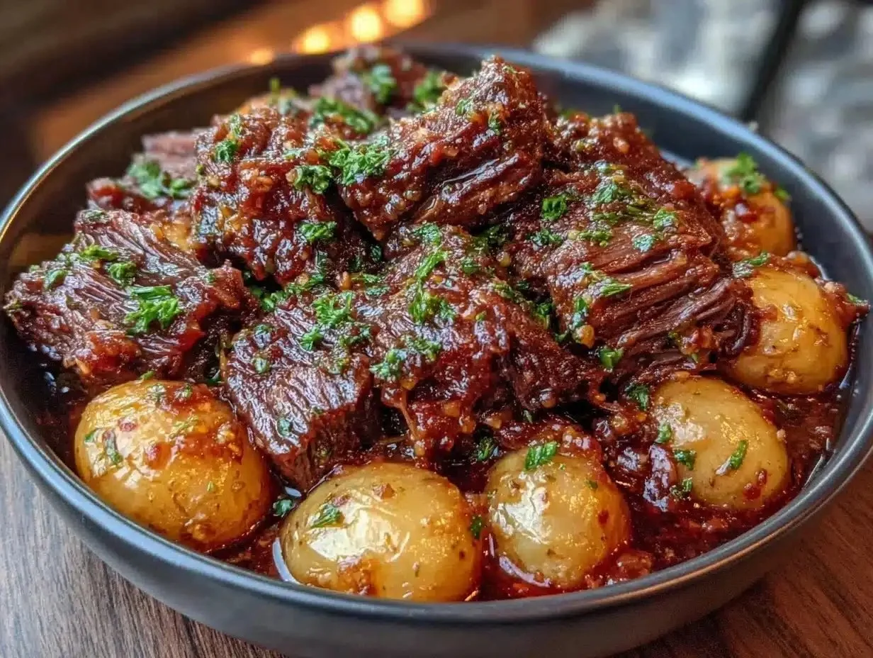 Delicious Garlic Butter Beef with Potatoes cooked in a slow cooker