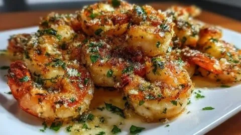 Delicious Garlic Parmesan Roasted Shrimp garnished with herbs