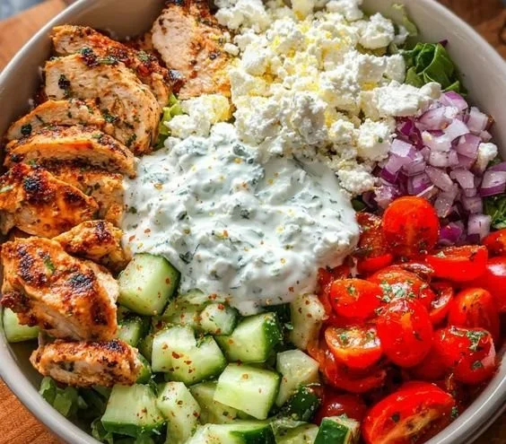 Bowl of Greek Chicken with fresh vegetables and herbs
