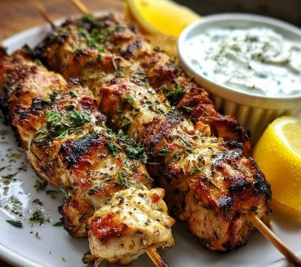 Delicious Greek chicken skewers garnished and ready to serve