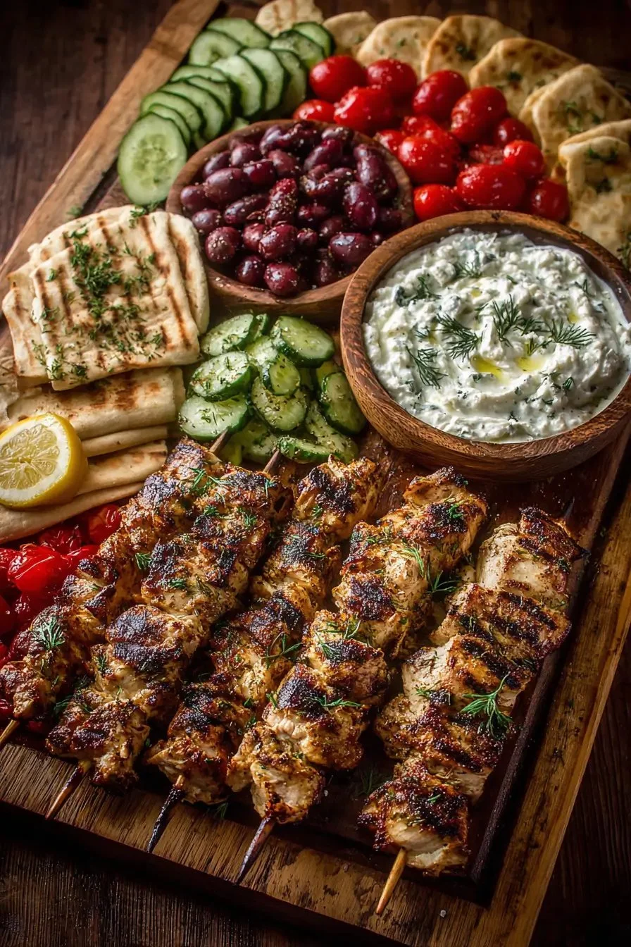 Greek Chicken Souvlaki Grazing Board with Feta Dip and Mediterranean Ingredients