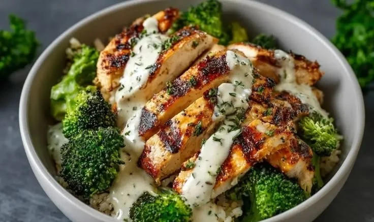 Grilled chicken broccoli bowl with creamy garlic sauce served in a white dish.