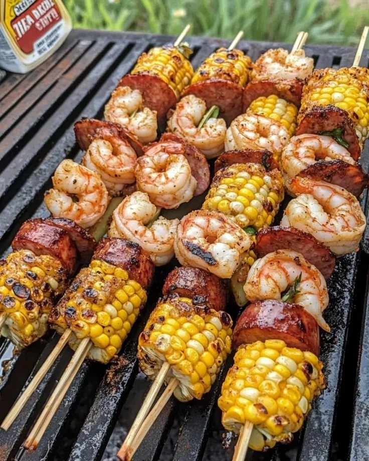 Delicious grilled seafood skewers with shrimp and vegetables
