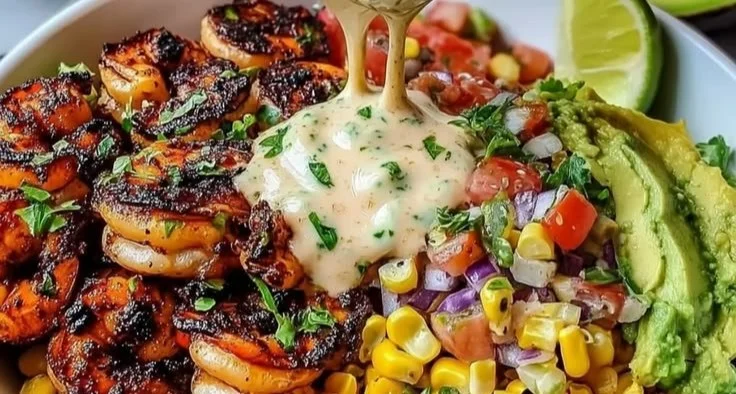 Delicious grilled shrimp bowl with fresh vegetables and sauces
