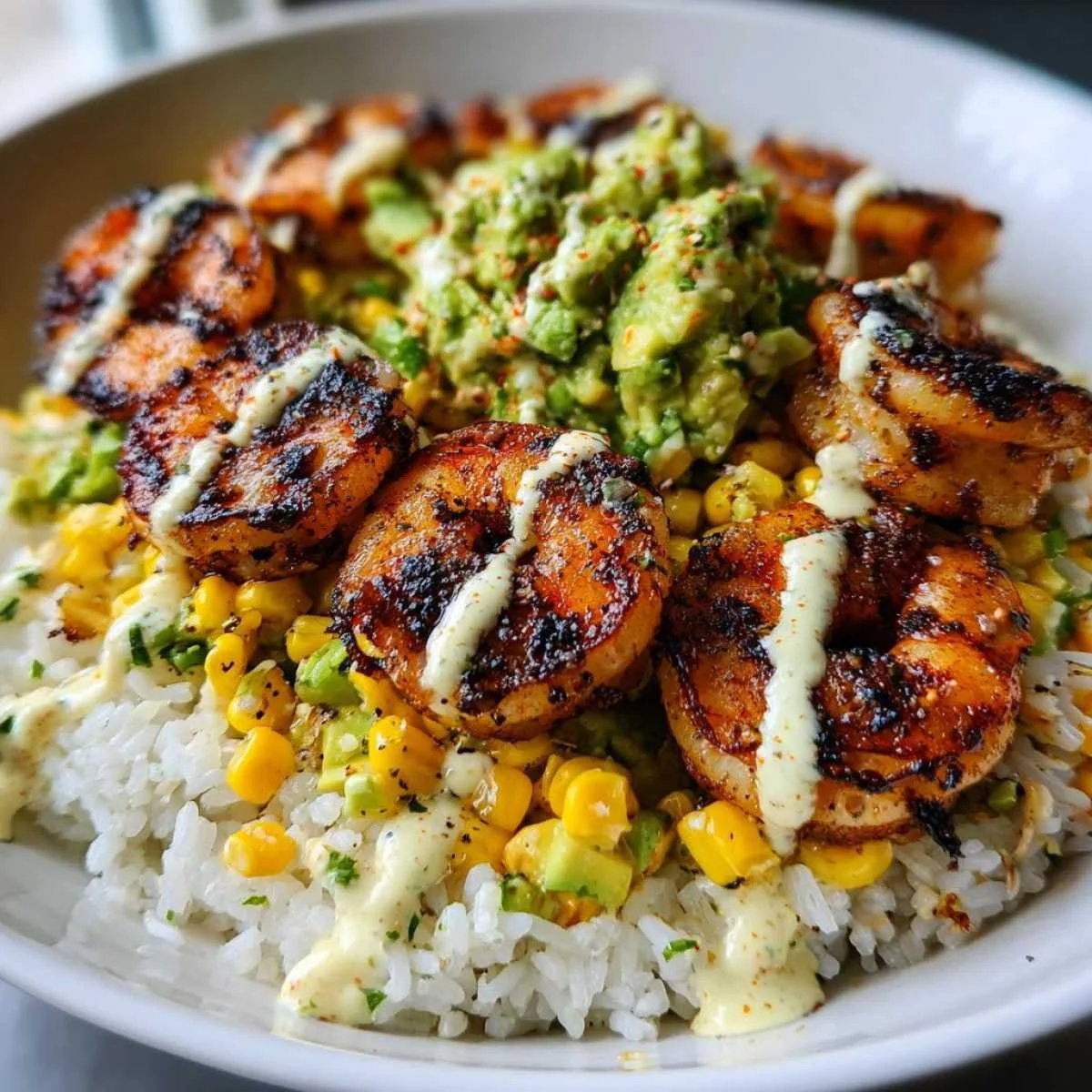 Grilled shrimp bowl with avocado and corn salsa served in a vibrant dish