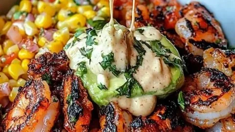 Grilled shrimp bowl with avocado, corn salsa, and creamy garlic sauce