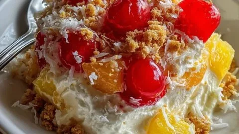 Delicious Hawaiian Cheesecake Salad topped with fresh fruits and creamy cheesecake.