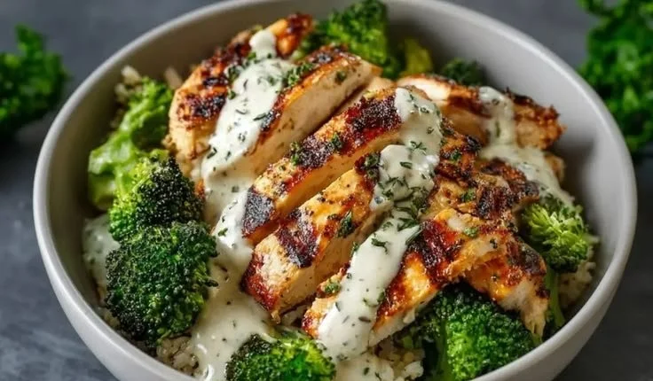 Healthy grilled chicken broccoli bowls with creamy garlic sauce