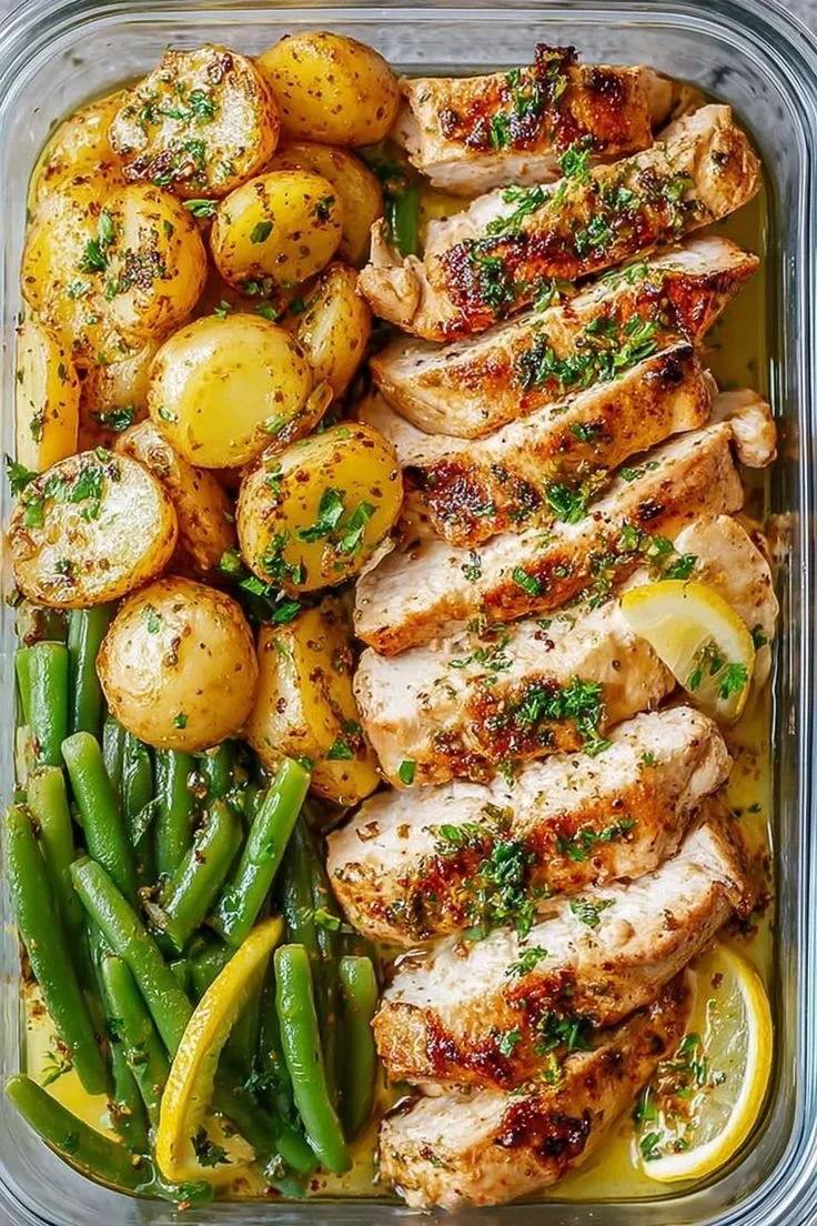 Healthy lemon garlic chicken meal prep bowls with vegetables and rice