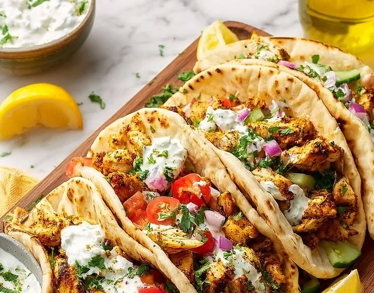 Healthy Mediterranean Chicken Tacos with fresh veggies and flavorful spices