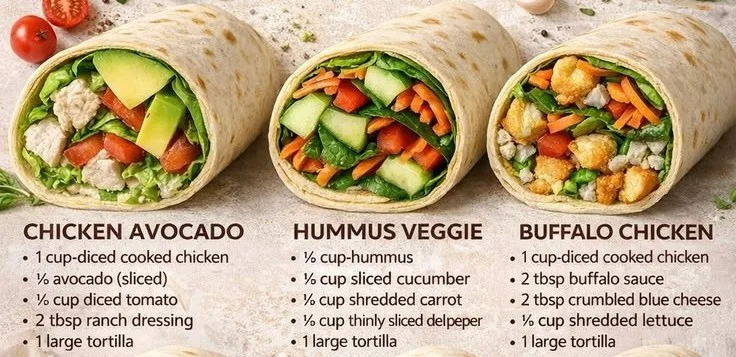 Variety of colorful healthy wraps filled with fresh vegetables and proteins