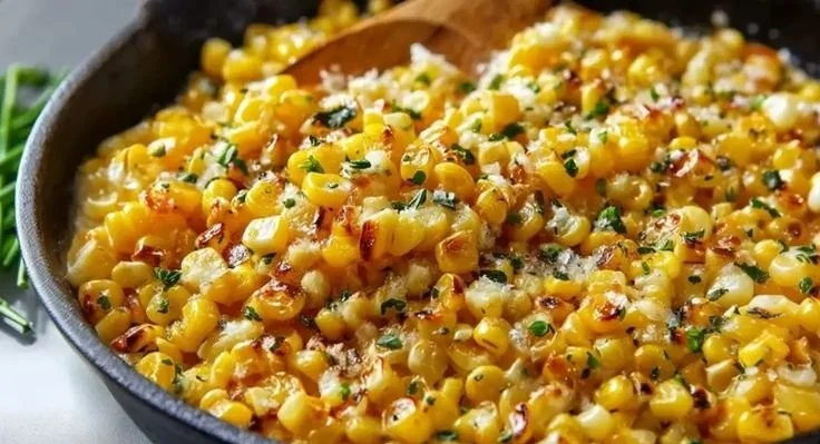 Honey Butter Skillet Corn served in a cast-iron skillet with fresh herbs
