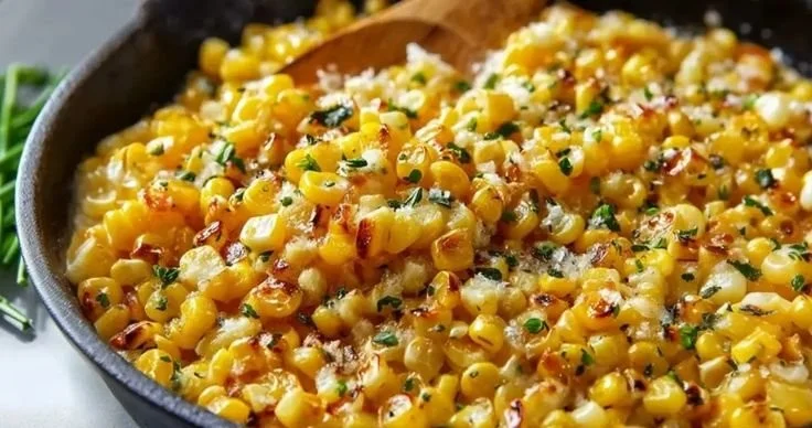 Delicious honey butter skillet corn side dish in a rustic serving pan.