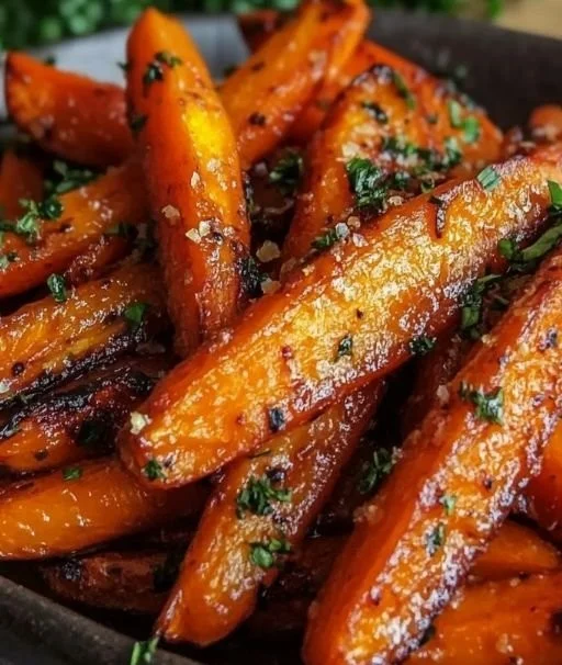 Honey garlic butter roasted carrots on a serving platter