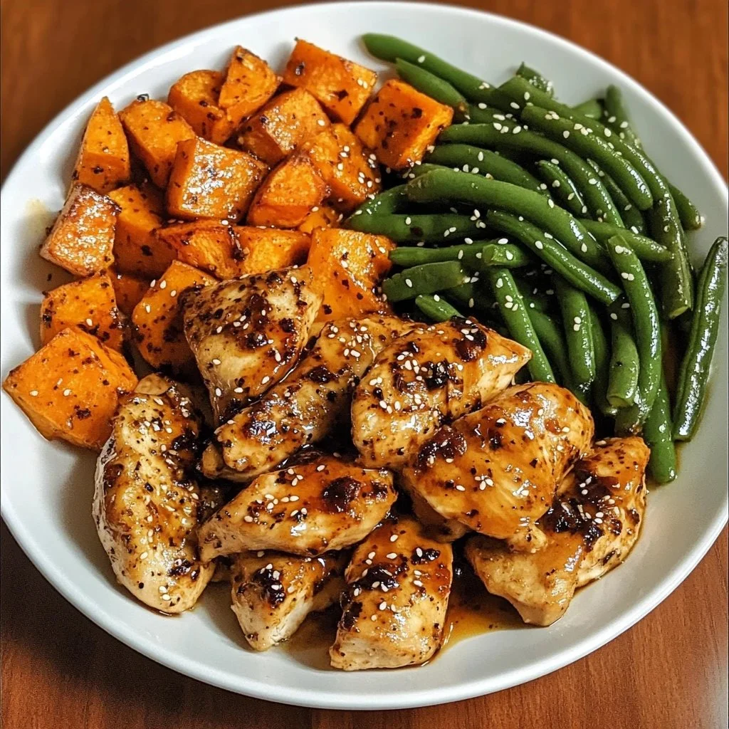 Honey garlic chicken served with roasted sweet potatoes on a plate
