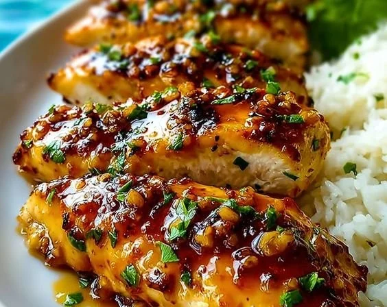 Delicious Honey Garlic Chicken Breasts served with vegetables