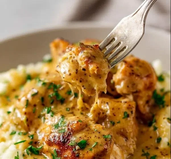 Slow cooker Honey Mustard Chicken garnished and ready to serve
