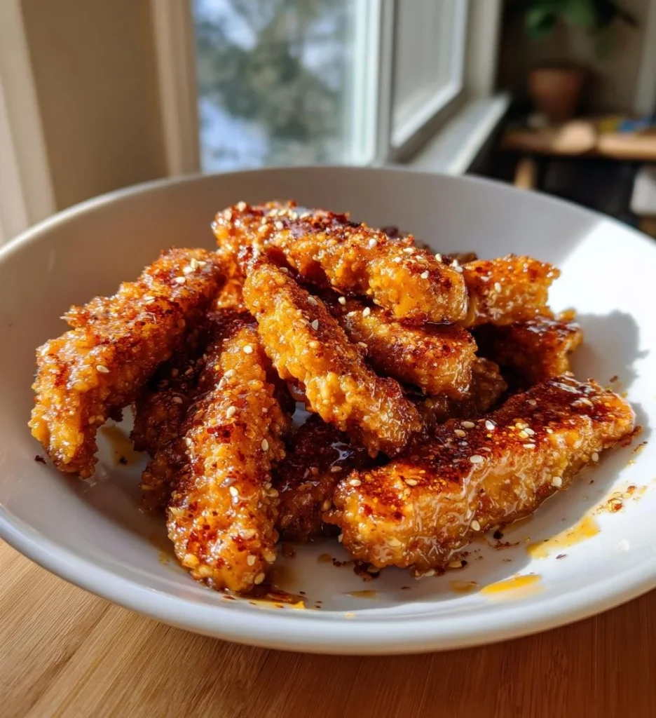 Plate of crispy honey mustard tofu tenders garnished with herbs